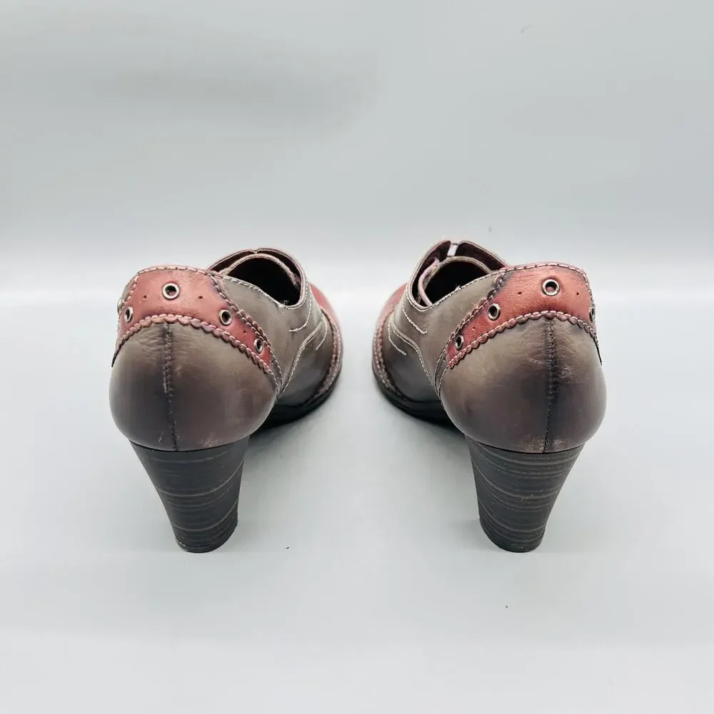 Pikolinos Shoes Womens 10.5 Brown Leather Colorblock Lace Up Wingtip Heel Pumps
